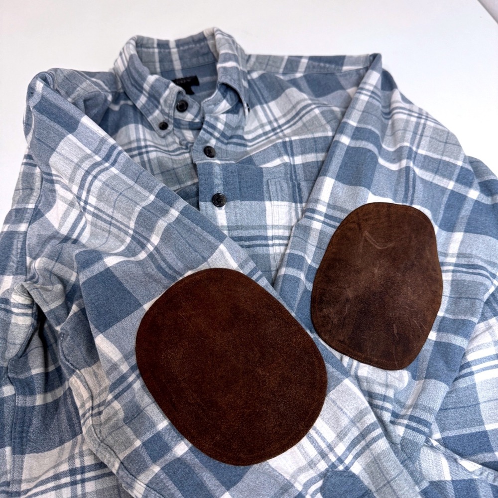 J. CREW Button Up Twill Shirt Suede Elbow Patches SM Plaid Blue Gray Equestrian‎